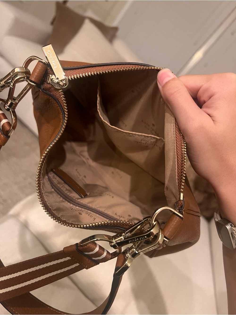 kate spade Pebbled Leather Shoulder Bag in Cognac with Striped Strap - Picture 3 of 5